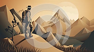 Hiking Mountain Paper cut style for adventure travel in nature concept, Banner and Poster.