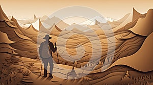 Hiking Mountain Paper cut style for adventure travel in nature concept, Banner and Poster, Generative Ai