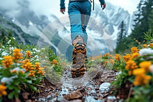 Hiking in the mountains. Male legs with sports shoes and backpack running on a trail mountain