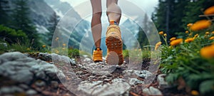 Hiking in the mountains. Male legs with sports shoes and backpack running on a trail mountain