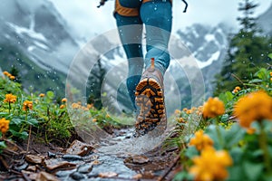 Hiking in the mountains. Male legs with sports shoes and backpack running on a trail mountain