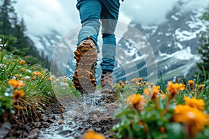 Hiking in the mountains. Male legs with sports shoes and backpack running on a trail mountain