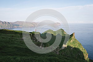 Hiking in the mountains of Mykines, Faroe Islands