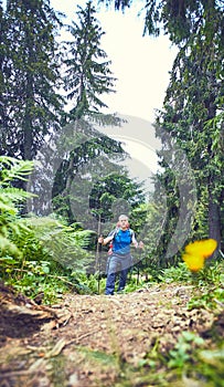 Hiking in the mountains in the summer with a backpack.