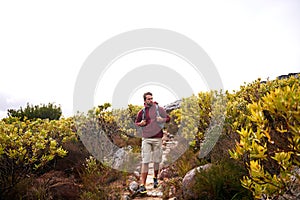 Hiking, nature and man with backpack, travel and adventure outdoor on mountain path with plants. Journey, fitness and