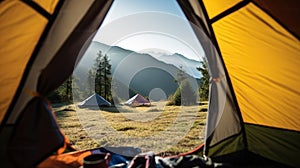 Hiking in nature, Scenic view from the tent. Generative AI