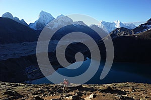 Hiking in Nepal Himalayas, Male tourist walkin up to Gokyo Ri. View of Gokyo lake photo