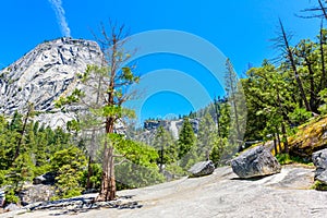 Hiking at Nevada Falls along John Muir Trail and Mist Trail, Yosemite National Park, California. USA