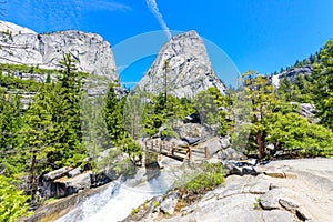 Hiking at Nevada Falls along John Muir Trail and Mist Trail, Yosemite National Park, California. USA