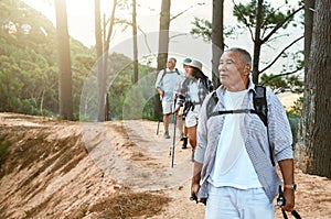 Hiking, old and adventure seeking Asian man staying active, healthy and fit in twilight years. Tourists or friends