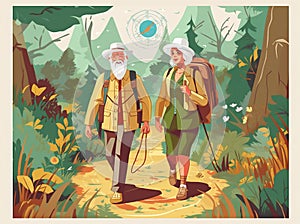 hiking old couple trekking active grandfather senior walking elderly happy. Generative AI.