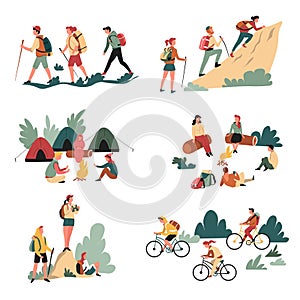 Hiking outdoor activity camping and bicycles walking and campfire