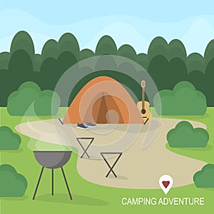 Hiking and outdoor recreation concept with flat camping travel icons. Vector illustration