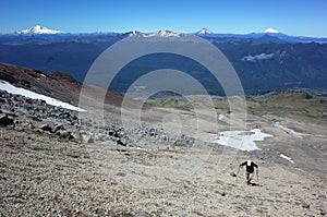 Hiking in Patagonia, Tourist walking up mountainside of volcano Puyehue, Puyehue National Park, Los Lagos, Chile