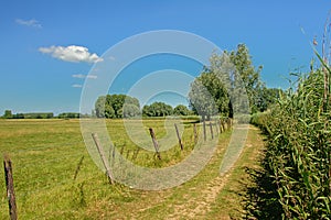 Hiking path along fields and meadows under a clear blue sky in Kalkense Meersen nature reserve, Flanders, Belgium.