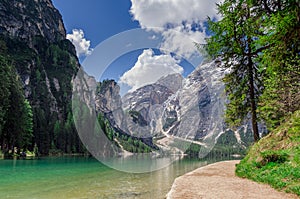 Hiking path along the pearl of the Dolomites, the Pragser wildsee