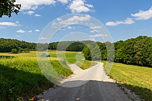 Hiking path, hill panorama, meadows, forest with trees near Wichsenstein in Franconian Switzerland, Germany