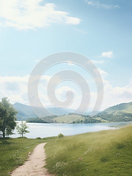 A hiking path through hills and a lake