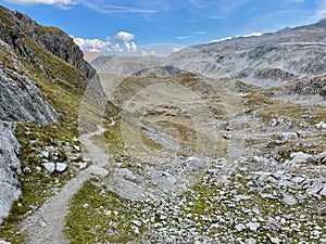 Hiking path in Lais da Rims, Grisons, Switzerland.