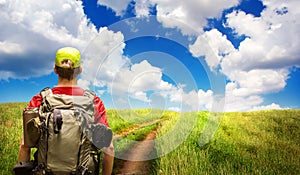 Hiking a path on the open countryside