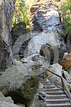Hiking path with stairways to canyon Schwedenlocher in Rathen, Saxon Switzerland