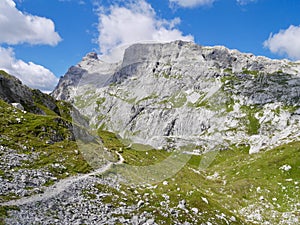 Hiking path in the Swiss Alps with Sulzfluh in the background. Praettigau, Grisons.