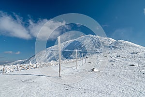 Hiking path to Snezka mountain on a sunny day in winter, Giant mountains Krkonose, Czech republic photo