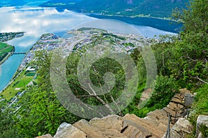 Hiking Rampestreken. The trail to Rampestreken Viewpoint, located at an altitude of 537 above Romsdal Fjord, Andalsnes. Norway