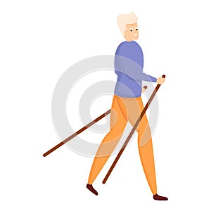 Hiking retire man icon, cartoon style