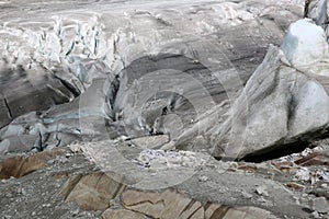 Hiking on Rhone Glacier in the Swiss Alps. Switzerland