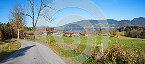 Hiking route from Kleinbuch with view to lake tegernsee in autumn