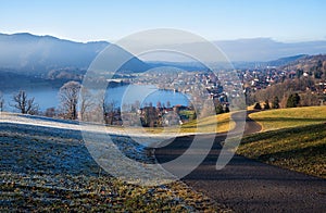 Hiking route from spa town schliersee upwards, frosty morning