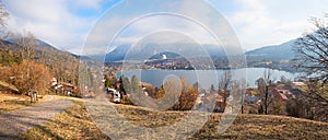 Hiking route to Leeberg hill, view to tourist resort Rottach-Egern and lake Tegernsee