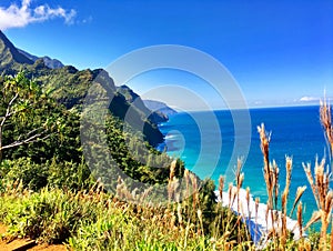 Hiking the scenic Kalalau Trail to the scenic Na Pali Coast in Kauai Hawaii photo