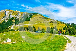 Hiking on the Schafberg hill, Austria. Schafberg by Sankt Wolfgang im Salzkammergut on lake Mondsee