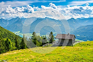 Hiking on the Schafberg hill, Austria. Schafberg by Sankt Wolfgang im Salzkammergut on lake Mondsee