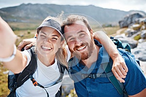 Hiking, selfie and love with a couple in the mountains for fitness, exercise or adventure together. Portrait, nature and