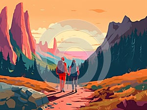 hiking senior active elderly couple old happy walking grandfather trekking. Generative AI.