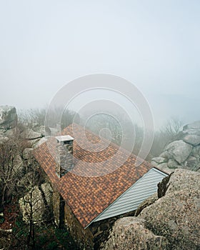 Hiking shelter in fog, on top of Sharp Top Mountain, on the Blue Ridge Parkway, Virginia