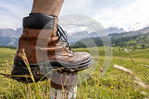 Hiking shoe in front of a mountain panorama