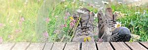 hiking shoes in a meadow with flowers bloming