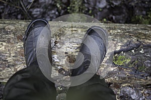 Hiking shoes in the mud on a fallen log in the woods. Close up