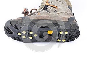 Hiking shoes with spikes on a white background