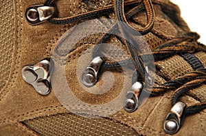 Hiking shoes and a white background, Sturdy hiking boots