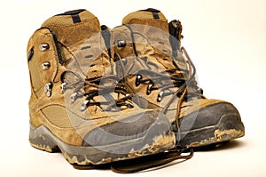 Hiking shoes and a white background, Sturdy hiking boots