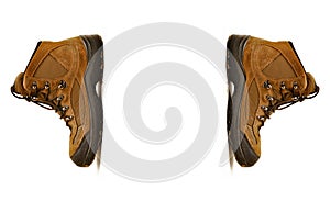 Hiking shoes and a white background, Sturdy hiking boots