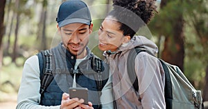 Hiking, smartphone and travel couple with location search, online travel guide or nature journey planning together in a