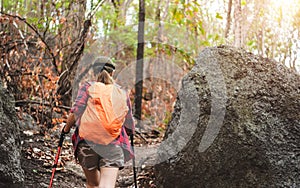 Hiking sporty girl runs along the water into the mountains. Running woman