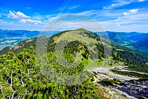 Hiking to the Entschenkopf Mountain, beautiful mountain scenery of Allgaeu Alps, at Fischen im Allgaeu and Oberstdorf, Bavaria,