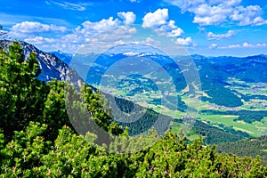 Hiking to the Entschenkopf Mountain, beautiful mountain scenery of Allgaeu Alps, at Fischen im Allgaeu and Oberstdorf, Bavaria,